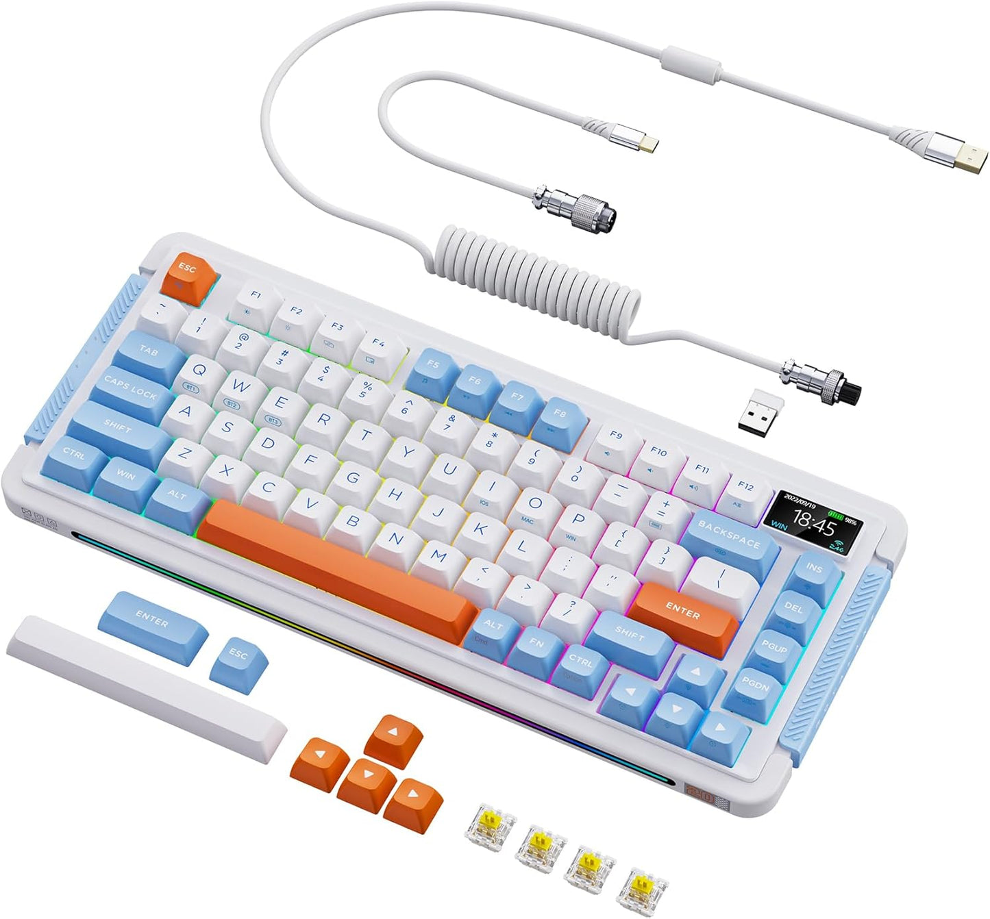 L75 Wireless Mechanical Keyboard, Hot-swappable Wired/Bluetooth 5.0/2.4G Wireless Keyboard with RGB Backlit for Windows & Mac, PBT Keycaps, Gateron Yellow Switch Pro, Navy White