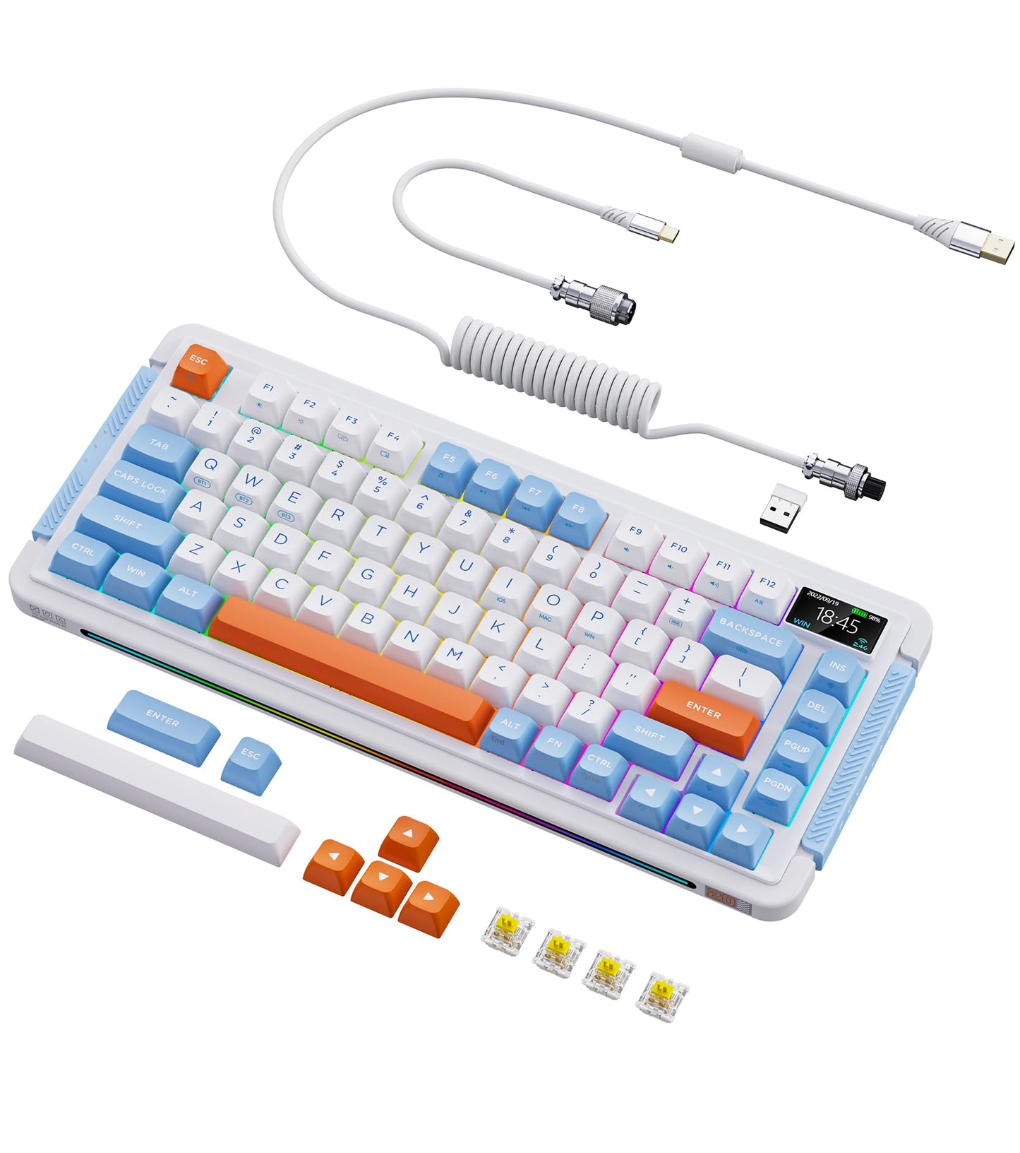 L75 Wireless Mechanical Keyboard, Hot-swappable Wired/Bluetooth 5.0/2.4G Wireless Keyboard with RGB Backlit for Windows & Mac, PBT Keycaps, Gateron Yellow Switch Pro, Navy White