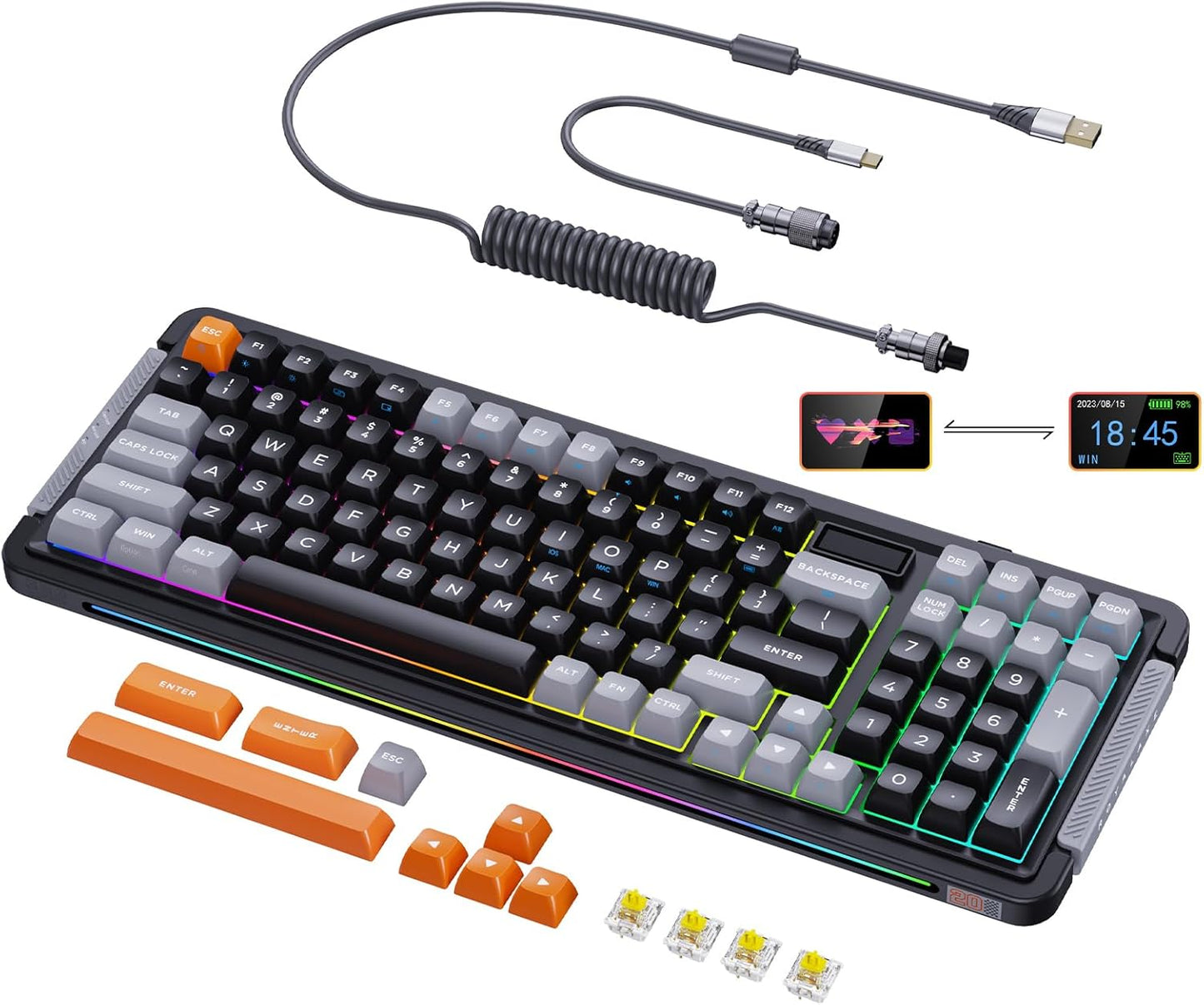 L98 Wireless Mechanical Keyboard with 1.14” TFT LCD, Hot-swappable RGB Keyboard with Gateron G Yellow Pro Switches, Bluetooth/2.4G/Wired, Gasket Mount, PBT Keycaps, Charcoal Gray