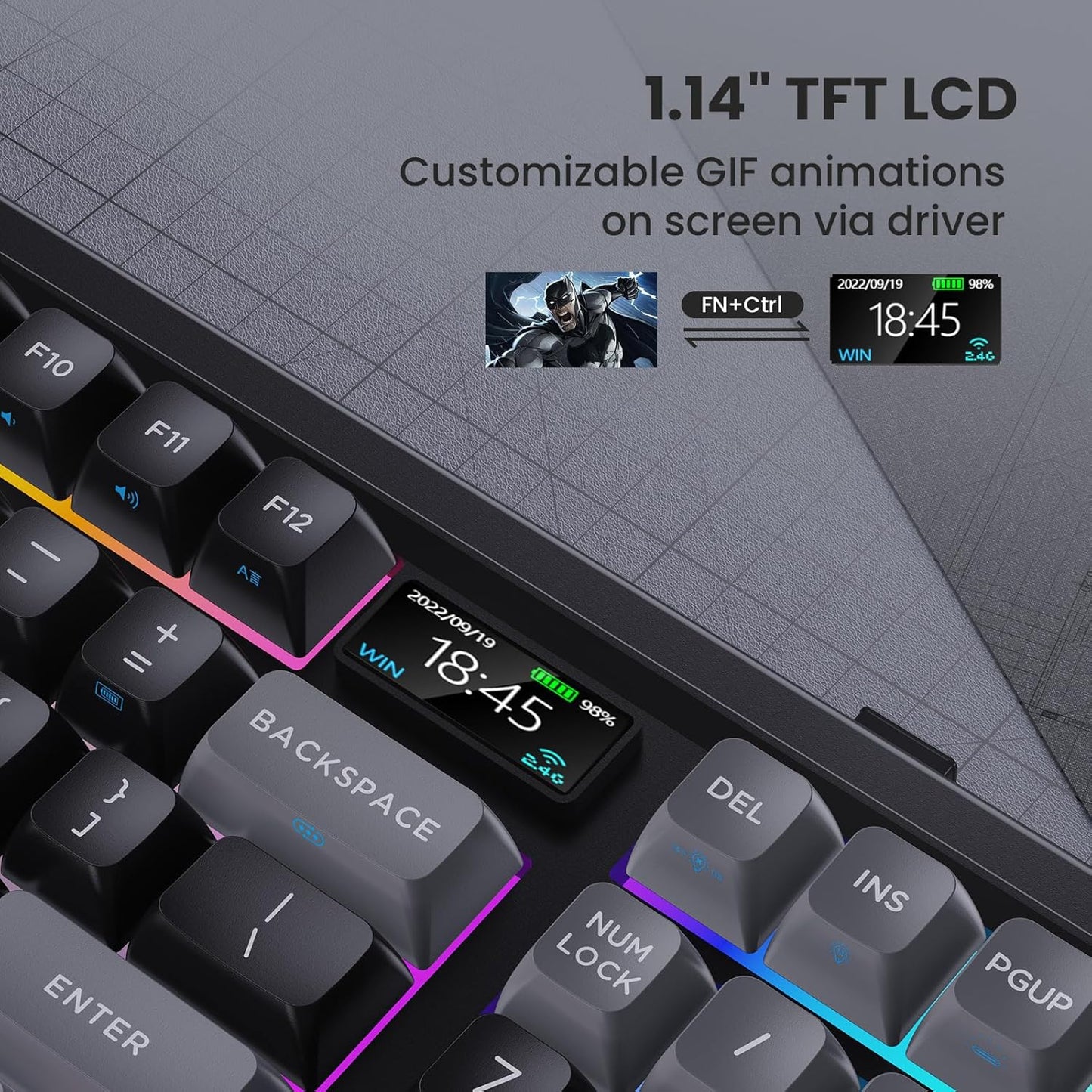 L98 Wireless Mechanical Keyboard with 1.14” TFT LCD, Hot-swappable RGB Keyboard with Gateron G Yellow Pro Switches, Bluetooth/2.4G/Wired, Gasket Mount, PBT Keycaps, Charcoal Gray