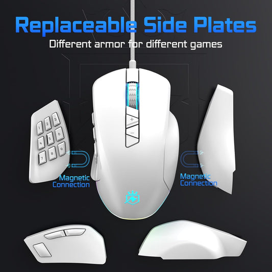 Wired Gaming Mouse with Side Plates, MMO Mouse with 14 Programmable Buttons, Ergonomic Gaming Mouse with 2 Grip Plates, Computer Mouse with Max 12,400 DPI, RGB Lighting, White