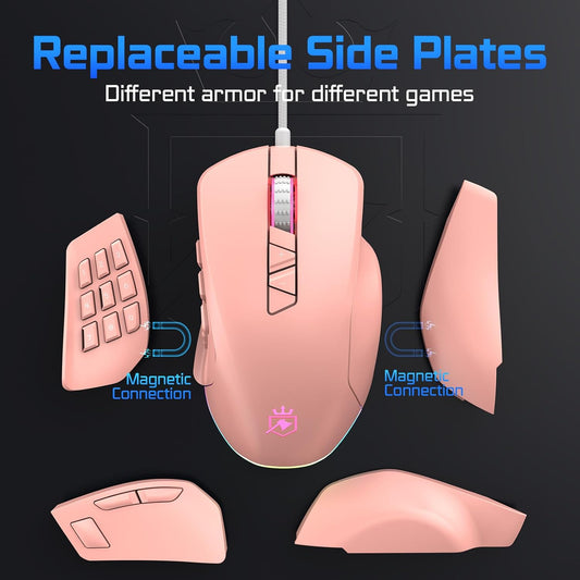 Wired Gaming Mouse with Side Plates, MMO Mouse with 14 Programmable Buttons, Ergonomic Gaming Mouse with 2 Grip Plates, Computer Mouse with Max 12,400 DPI, RGB Lighting, Pink