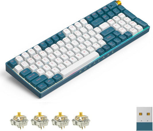 R100 Wireless Mechanical Keyboard, Gateron G Pro 3.0 Yellow Switch, Hot Swappable Wired/Bluetooth/2.4G Wireless Keyboard with RGB Light for Windows & Mac, PBT Keycaps, Whale Blue
