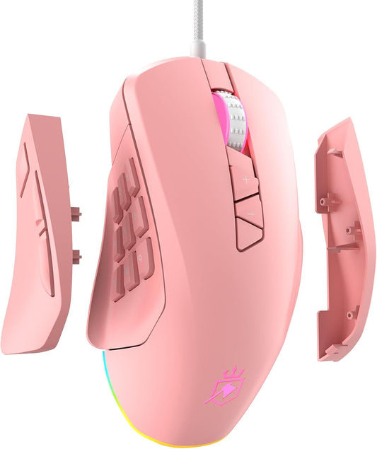 Wired Gaming Mouse with Side Plates, MMO Mouse with 14 Programmable Buttons, Ergonomic Gaming Mouse with 2 Grip Plates, Computer Mouse with Max 12,400 DPI, RGB Lighting, Pink