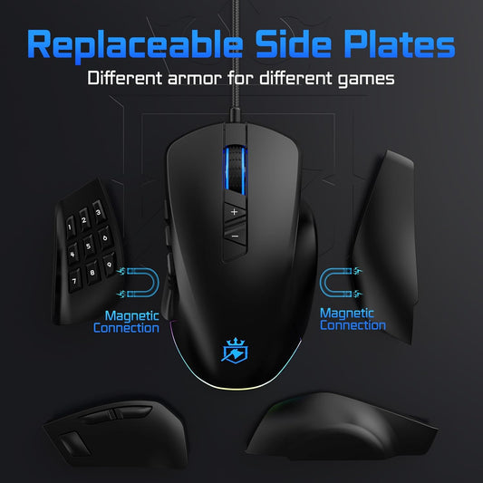 Wired Gaming Mouse with Side Plates, MMO Mouse with 14 Programmable Buttons, Ergonomic Gaming Mouse with 2 Grip Plates, Computer Mouse with Max 12,400 DPI, RGB Lighting, MS901
