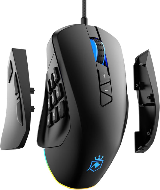 Wired Gaming Mouse with Side Plates, MMO Mouse with 14 Programmable Buttons, Ergonomic Gaming Mouse with 2 Grip Plates, Computer Mouse with Max 12,400 DPI, RGB Lighting, MS901