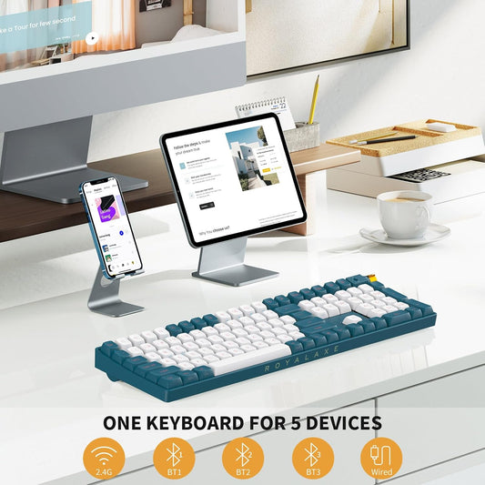R108 Wireless Mechanical Keyboard, Gateron G Pro 3.0 Yellow Switch, Hot Swappable Wired/Bluetooth/2.4G Wireless Keyboard with RGB Light for Windows & Mac, PBT Keycaps, Whale Blue
