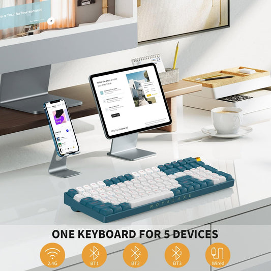R100 Wireless Mechanical Keyboard, Gateron G Pro 3.0 Yellow Switch, Hot Swappable Wired/Bluetooth/2.4G Wireless Keyboard with RGB Light for Windows & Mac, PBT Keycaps, Whale Blue