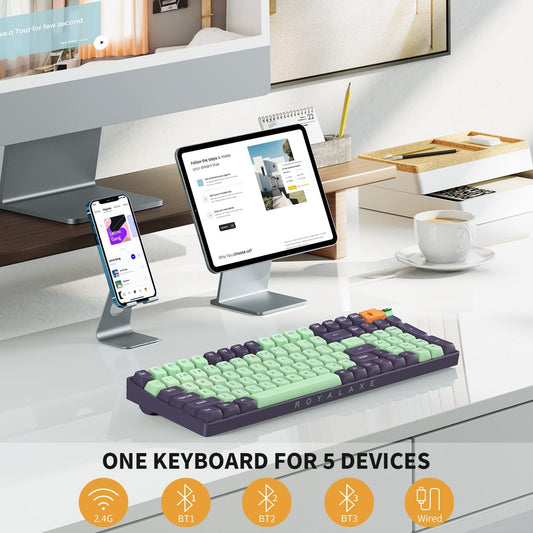 R100 Wireless Mechanical Keyboard, Gateron G Pro 3.0 Yellow Switch, Hot Swappable Wired/Bluetooth/2.4G Wireless Keyboard with RGB Light for Windows & Mac, PBT Keycaps, Starry Cyan