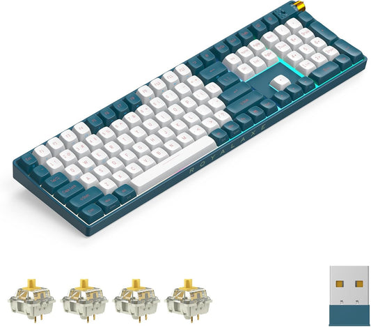 R108 Wireless Mechanical Keyboard, Gateron G Pro 3.0 Yellow Switch, Hot Swappable Wired/Bluetooth/2.4G Wireless Keyboard with RGB Light for Windows & Mac, PBT Keycaps, Whale Blue