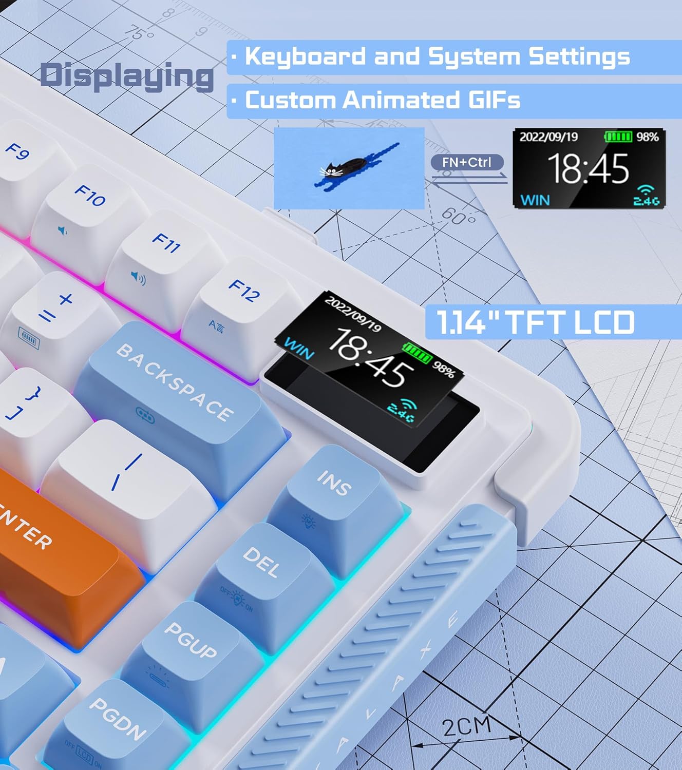 L75 Wireless Mechanical Keyboard, Hot-swappable Wired/Bluetooth 5.0/2.4G Wireless Keyboard with RGB Backlit for Windows & Mac, PBT Keycaps, Gateron Yellow Switch Pro, Navy White