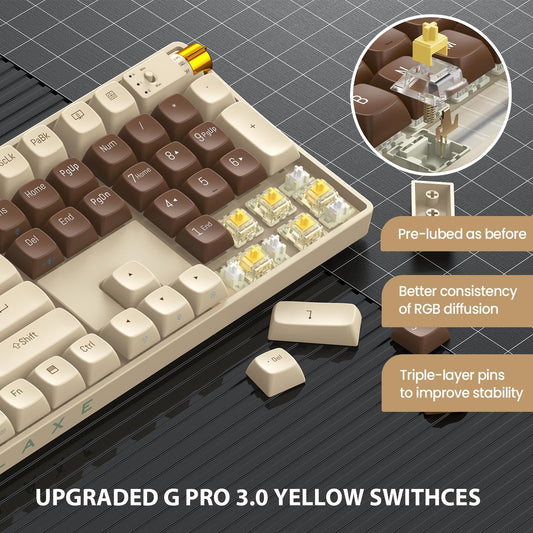 R108 Wireless Mechanical Keyboard, Gateron G Pro 3.0 Yellow Switch, Hot Swappable Wired/Bluetooth/2.4G Wireless Keyboard with RGB Light for Windows & Mac, PBT Keycaps, Lava Brown